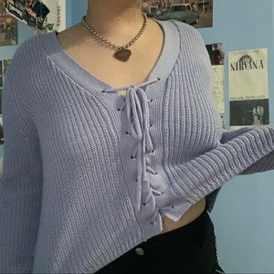 Knit lace up periwinkle blue sweater